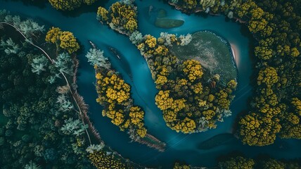 Wall Mural - a bird's eye view of a river in the middle of the forest, a wonderful sight as it meanders through the trees. Generated by AI