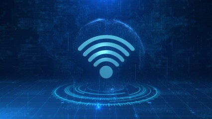 Wall Mural - Rotating Futuristic 3D WiFi Icon over Digital Globe and World Map