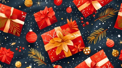 Poster - Christmas Gifts and on Dark Background with Festive Lighting and Glitter Effects