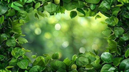 Wall Mural - A green leafy background with a blurry green leaf in the foreground