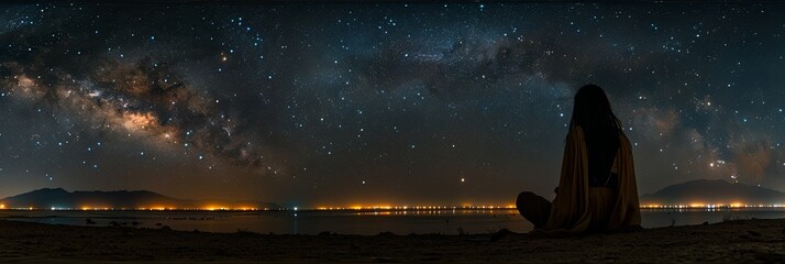 Wall Mural - A woman is sitting on the beach at night, looking up at the stars