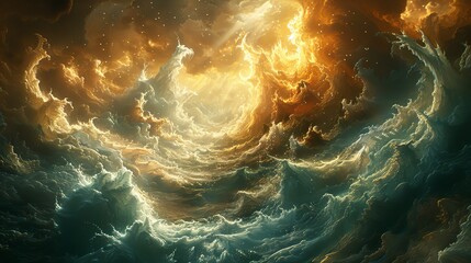 Wall Mural - A painting of a stormy ocean with a bright yellow sun in the sky