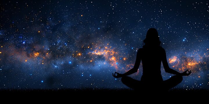 A woman is meditating in the night sky