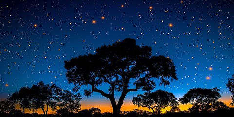Wall Mural - A tree is silhouetted against a dark sky with a few stars