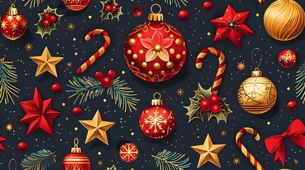 Poster - Festive Christmas Ornaments and on Dark Background with Shiny Stars and Sparkles
