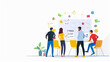© Dina Photo Stories - Business people standing at note board flat illustration. Expert meeting. Conference room. Professional opinions. Businessmen exchange ideas. Employees teamwork. Group brainstorming, analysis
