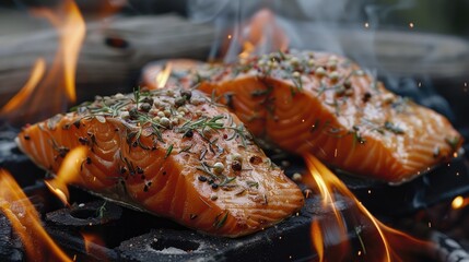 Wall Mural - Cooked salmon steaks over an open flame