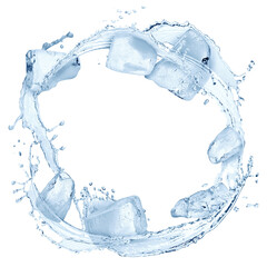 Wall Mural - Ice cubes and splashing water in air on white background