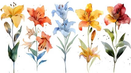Wall Mural - Vibrant Summer Bloom Watercolor Paintings of Exotic Tropical Flowers on White Wet Backgrounds