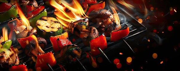 Wall Mural - Delicious grilled skewers with vegetables and meat sizzling over open flames, perfect for summer BBQs and outdoor grilling.