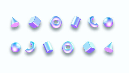 Wall Mural - 3d holographic geometric shapes isolated. render of 3d neon iridescent geometric shapes with rainbow