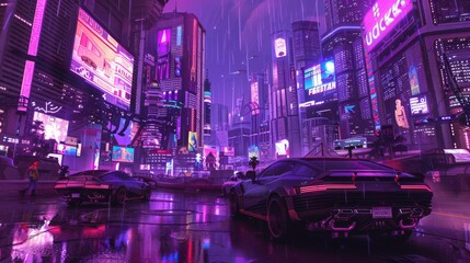 Wall Mural - A man is walking in a city with neon lights and cars