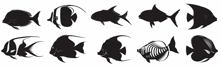 
set of black silhouettes, vector graphic, simple shapes, tropical fish silhouette, in the style of white background