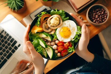 Male hands hold egg on fork vegan food delivery box having lunch at work from home office. Business man employee eats take away daily healthy vegetarian meal at workplace over table flat lay top view.