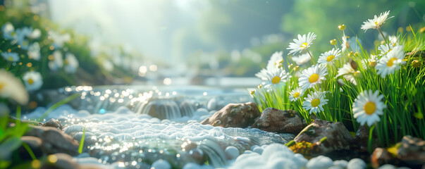 Wall Mural - Panoramic illustration of the flowing creek with blooming daisies on the banks.