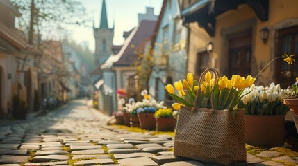 Wall Mural - On a sunny and cheerful cobblestone street in an old Bohemian town, a shopping bag is placed. The focus is on the bag, with the camera angle close to the ground, generated with AI