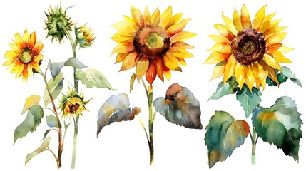 Aufkleber - Vibrant Watercolor Paintings of Sun Dappled Sunflowers in a Serene Natural Setting