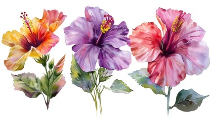 Aufkleber - Vibrant Watercolor Paintings of Tropical Hibiscus Flowers on White Background