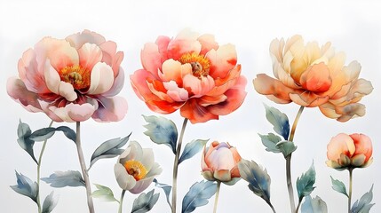 Wall Mural - Vibrant Watercolor Peonies Blooming on White Background