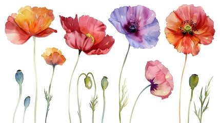 Wall Mural - Vibrant Watercolor Poppies on Soft White Background