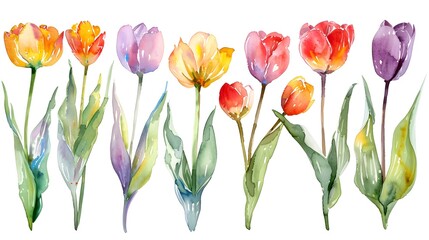 Wall Mural - Vibrant Watercolor Tulip Bouquet on White Background