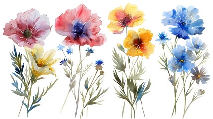 Wall Mural - Vibrant Watercolor Wildflowers Blooming in a Lush Summer Meadow