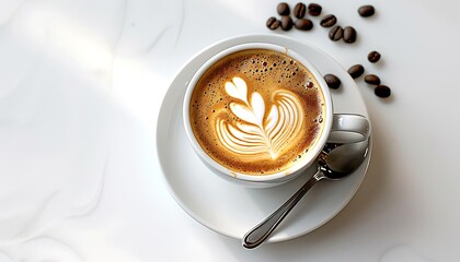 cup of coffee and bean on white table background. top view