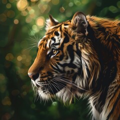 Wall Mural - Tiger portrait green blurry background illustration k, generated with AI