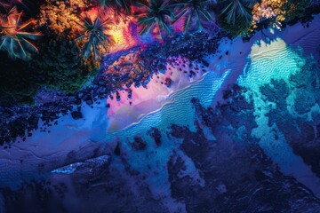 Wall Mural - Tropical ocean shallow water aerial view colorful night, generated with AI