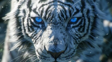 Wall Mural - White tyger, black and white design, vivid blue eyes, majestic, photorealistic, K, UHD, generated with AI