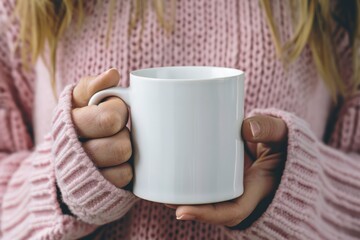 woman holding a oz white mug, in the style of a mockup, lifestyle photography, high resolution, prof