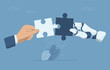 © wenich - Collaboration of personnel with artificial intelligence, Teamwork with AI, Hand of businessman put together a jigsaw puzzle together with hand of  robot, Vector design illustration.