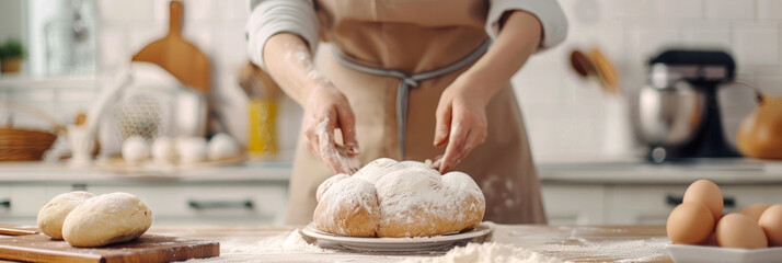 a person baking bread in a bright kitchen, with ingredients, dough, and happy expressions, illustrating baking and domestic joy.