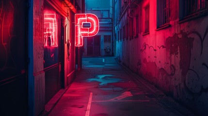 Wall Mural - A neon sign with the letters AP on it is lit up in a dark alleyway