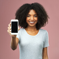 Wall Mural - phone, screen and portrait of woman in studio for advertising, information or digital notification. 