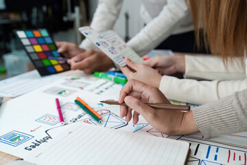 Wall Mural - ux developer and ui designer brainstorming interface wireframe design.creative digital development a