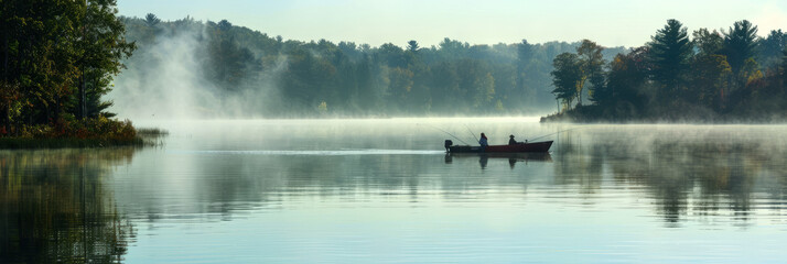 a serene morning fishing trip on a calm lake with mist rising from the water