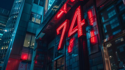 A neon sign with the number 74 on it