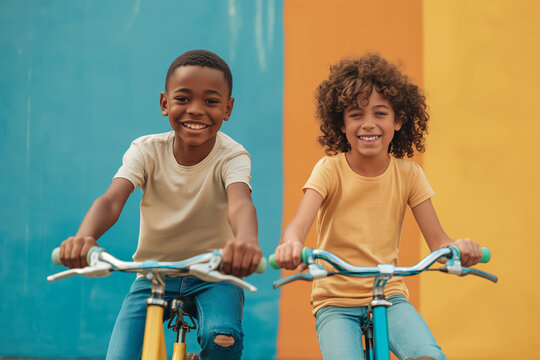 Two joyful kids riding bikes against a colorful wall background, smiling and enjoying their day.