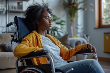 A reflective young woman in a wheelchair at home shows resilience and contemplation, surrounded by a cozy setting