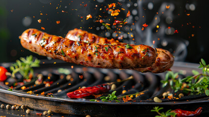 Wall Mural - Grilled juicy sausages levitating with spices and herbs. Homemade BBQ sausages flying on dark background with smoke. Yummy ruddy fried sausages BBQ pork. Restaurant menu. Traditional german bratwurst