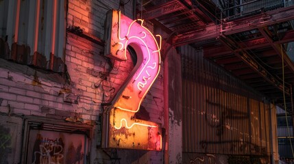 Wall Mural - A neon sign with the number 2 on it is lit up against a backdrop of graffiti