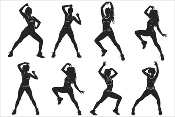 Woman exercising silhouettes set, woman gym exercises silhouettes, Female yoga silhouettes set, Various woman sports exercising silhouettes, Fitness silhouettes,  Fitness exercise silhouettes