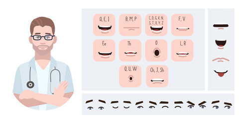 Wall Mural - Medical worker doctor avatar creation suitable for animation. Generator, constructor of diverse eyes, lips, emotion expressions mouth animation and lip sync. Male character face construction.