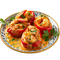 Front view of Piquillos Rellenos de Marisco with a medley of seafood in a creamy sauce, served on a Spanish tapas plate, food photography style isolated on a white transparent background