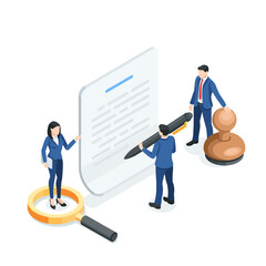 isometric vector business people with pen and signet stand near a paper document, in color on a white background, sign a document or contract