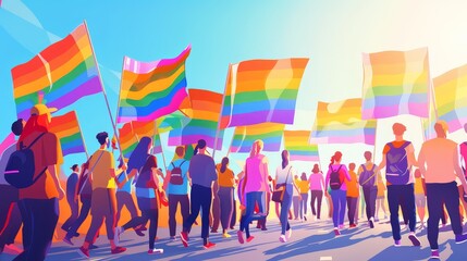 Wall Mural - Illustrated LGBTQ pride march with colorful flags - A dynamic and colorful illustration of a crowd celebrating LGBTQ pride with multiple rainbow flags