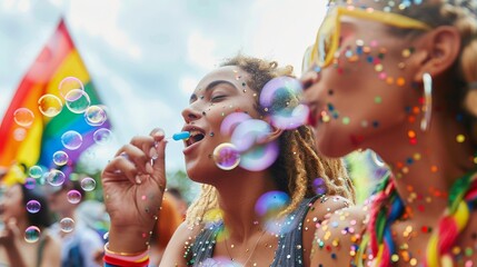 Wall Mural - People blowing bubbles at pride parade - An image capturing a jubilant scene with individuals blowing bubbles at a LGBT pride parade with vibrant colors