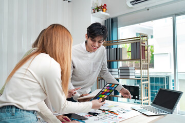 Wall Mural - asian business creative team work together, mobile application software design project. brainstorm m