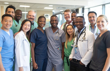 Canvas Print - A group of diverse medical professionals, including doctors and nurses from various ages and ethnicities, posed for the camera with smiles on their faces in a front view.